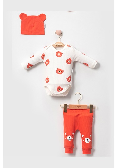 Modam Bebek Ayıcık Baskılı Şapkalı 3'lü Unisex Bebek Takım Turkuaz
