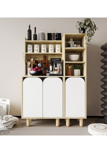 Parma 3 Kapaklı Mutfak Dolap, Kahve Köşesi, Çok Amaçlı Dolap Safir Meşe-beyaz