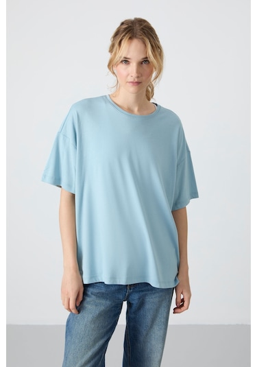 Tommy Life Açık Mavi Penye Modal Yumuşak Tuşeli Oversize Fit Basic Kadın T-shirt- 97285 Açık Mavi
