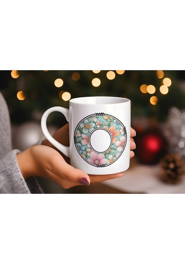 O Harfli Pastel Çiçek Desenli Kahve Kupası - Kişiye Özel Çiçekler Koleksiyonu Bardak - Hediye Beyaz