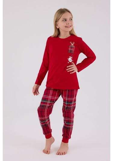 Arnetta Kız Çocuk Aile %100 Pamuklu 4 Mesim New Year Uzun Kollu Pijama Takım Kırmızı