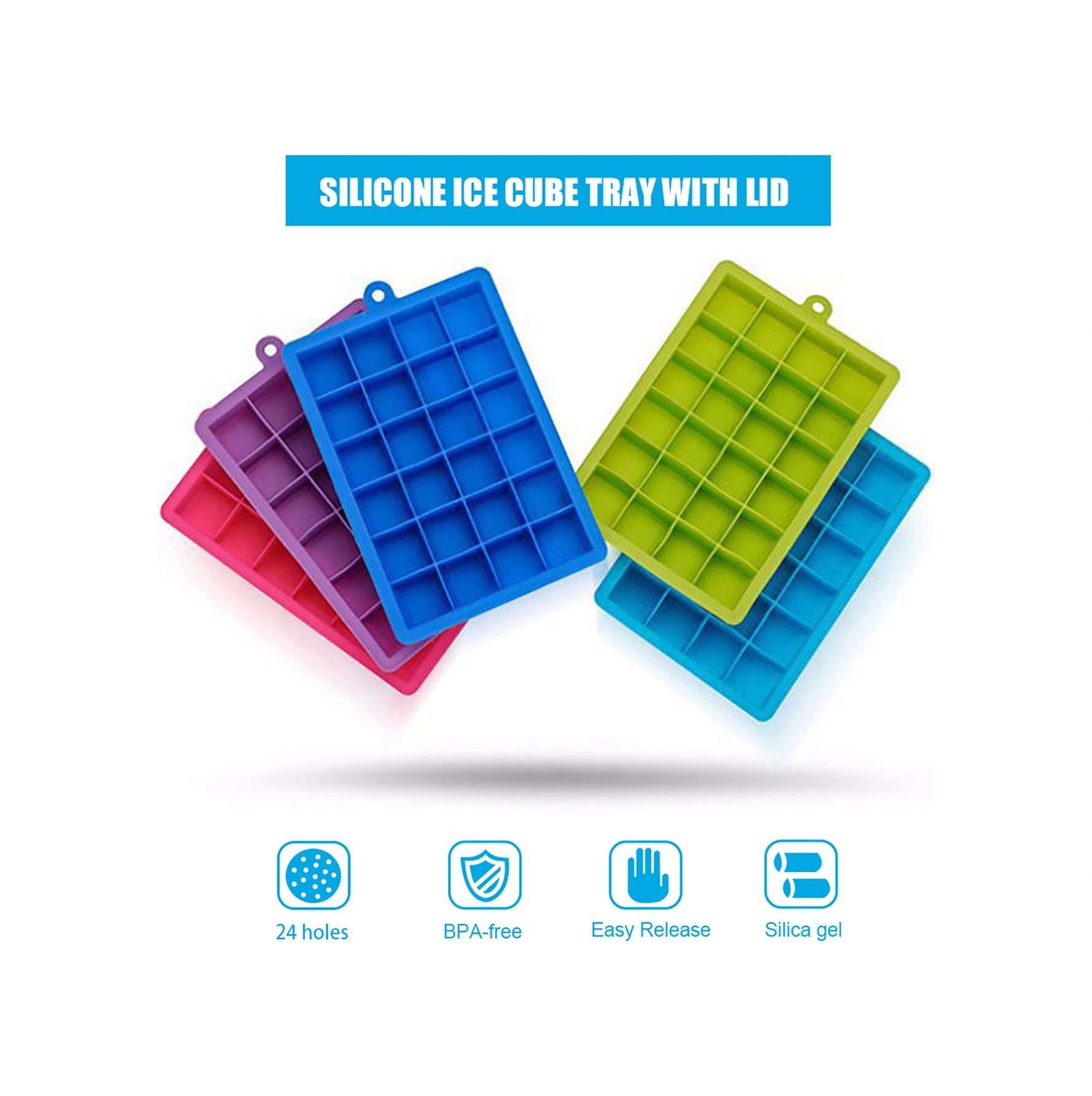 Padalink 24 Lü Silikon Buz Karesi - Isı Ve Soğuk Dayanıklı, Kaldırılabilir Kapaklı, Kolay Çıkarım, Bebek Yemeği Ve Çikolata Kalıbı - Lacivert + Klips Çok Renkli