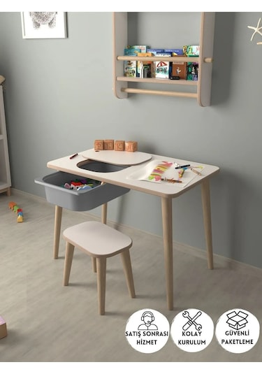 Çocuk Oyun Etkinlik Çalışma Masası Sepetli Ahşap Mdf Masa Takımı Beyaz-gri Beyaz - Gri