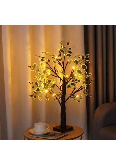 Yunboo 60cm 24led Kahverengi Ağaç Işığı - Yeşil Yaprak Beyaz Kenar, Isınak Beyaz Işık - Ev Dekorasyonu, Noel Partisi, Oda Aydınlatma Diğer