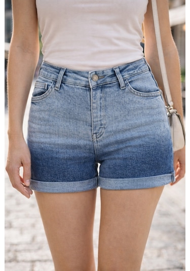 Cedy Denim Kadın Yüksek Bel Duble Paça Kot Şort Klasik Mini Jean Şort C604 Mavi