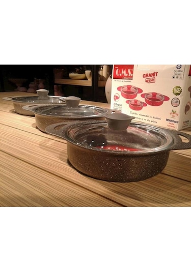 OMS Döküm Granit 6 Parça Kapaklı Sahan Set 16-18-20 cm Gri
