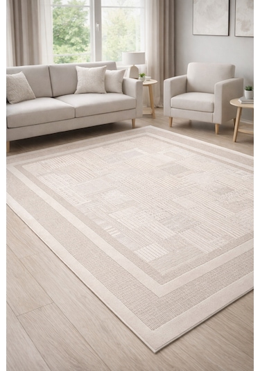 Modern Krem Bej Patchwork Halı Jüt Tabanlı Dokulu Salon Halısı Kahverengi