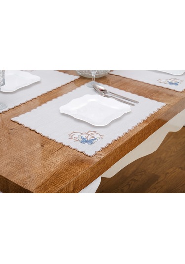 Finezza Dolce Nakışlı Keten Efekt Kumaş Krem Mavi A.Servis 34x45 cm 4 Ad -1397 Krem