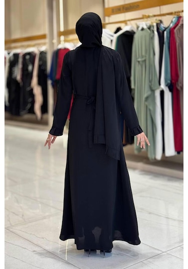 Pilise Detaylı Medine İpeği Elbise & Şal İkili Takım Siyah -
