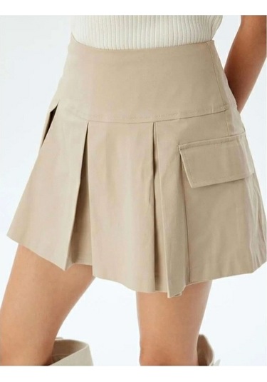 Pileli Kız Çocuk Mini Etek Bej