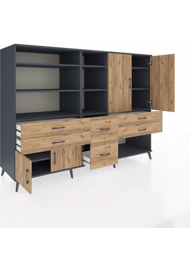 Kronos Dolap 10 Raflı 6 Çekmeceli 4 Kapaklı 220x59x163 Antrasit-ç Antrasit-çam