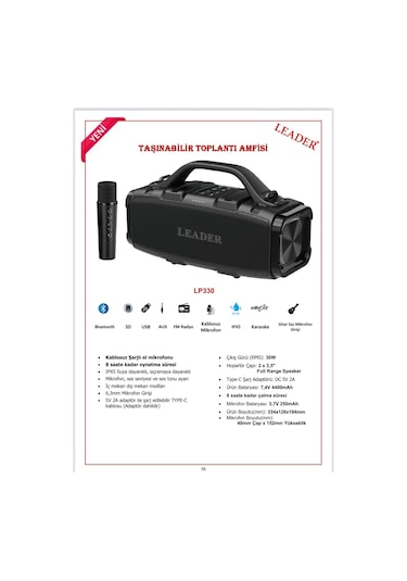 Leader Lp330 Ipx5 Bluetooth Sd Usb Aux Fm Radyo Kablosuz Mikrofon Taşınabilir Toplantı Amfisi