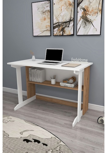 Enda Home Pillar Kütüphaneli Geniş Çalışma Masası 100x56 Cm Çam - Beyaz