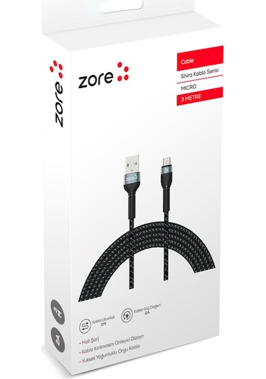 Shira Serisi Micro Usb Kablo 3 Metre-Siyah