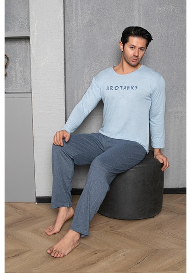 Yuvarlak Yaka %100 Pamuk Regular Kalıp Erkek Pijama Takımı 983 Açık Mavi