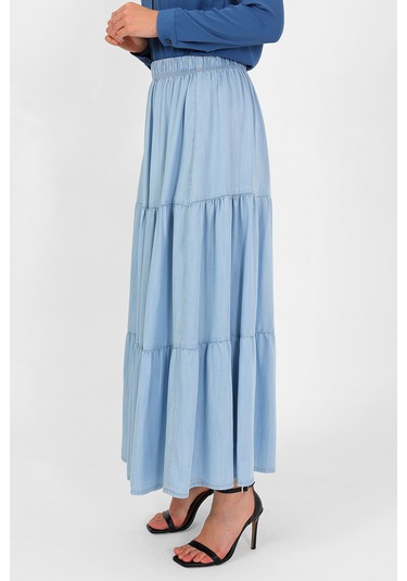 Beli Lastikli Büzgülü Tensel Etek Açık Mavi
