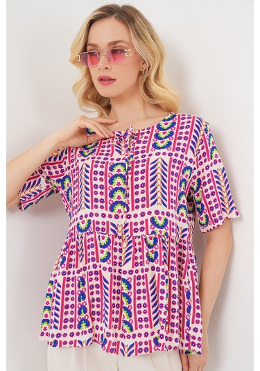 Kadın Desenli Kısa Kol Bluz 969 - Fuşya FUŞYA