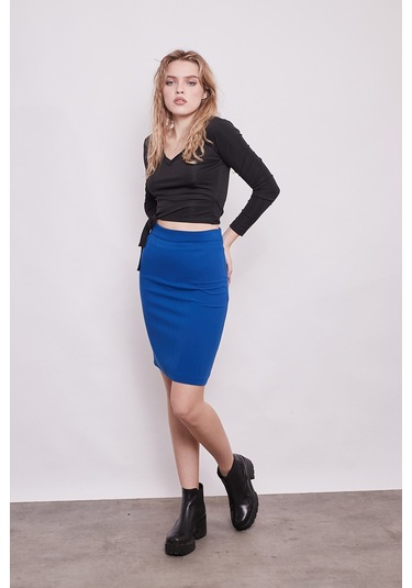 Yüksek Bel Diz Üstü Kumaş Kalem Etek-Sax