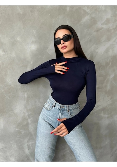 %95 Pamuklu Parmak Geçmeli Kadın Body Esnek Kumaş Lacivert