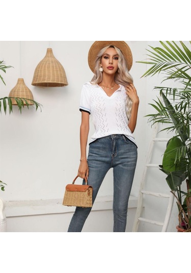 Gmxıa Kadın Modası Günlük Düz Renk Baskı Kısa Kollu V Yaka Bluzlar Ve Gömlekler Örme Kısa Kollu Beyaz