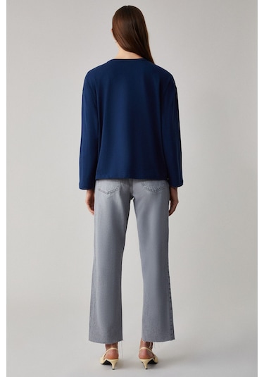 GRIMELANGE Basıl Kadını Oversize %100 Organik Pamuk Örme Uzun Kol Lacivert T-shirt Lacivert