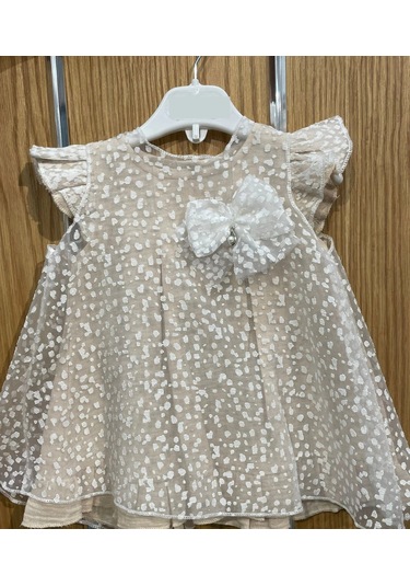 Yazlık Müslin Nokta Desenli Tüllü Taşlı Damla Aksesuarlı Bebe Kız Elbise Bej