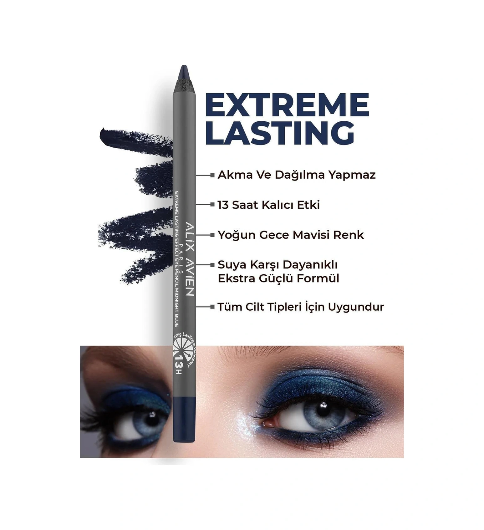 Alix Avien Uzun Süre Kalıcı Dolgunlaştırıcı Hacim Veren Topaklanmayan Suya Dayanıklı Mavi Göz Makyaj Seti