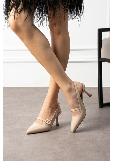 Shoete Belica Kadın Topuklu Ayakkabı Bantlı Tokalı Bej Rugan Bej Rugan