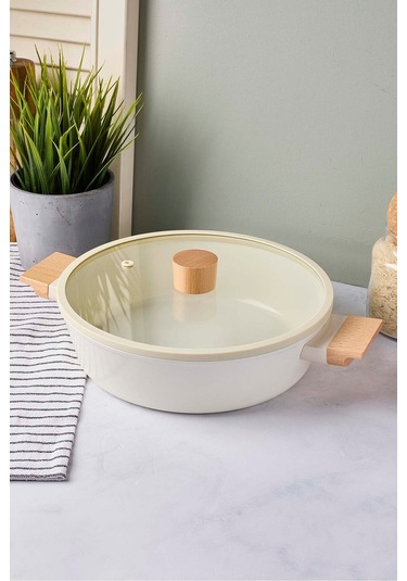 Cookwood Beige İndüksiyon Tabanlı Ahşap Kulplu Kapaklı Seramik Derin Tencere 24 Cm Bej Bej