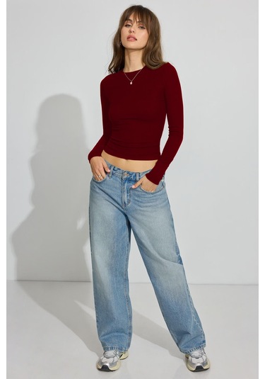 Madmext Bordo Bisiklet Yaka Slim Fit Kadın Body Mg2564 Bordo