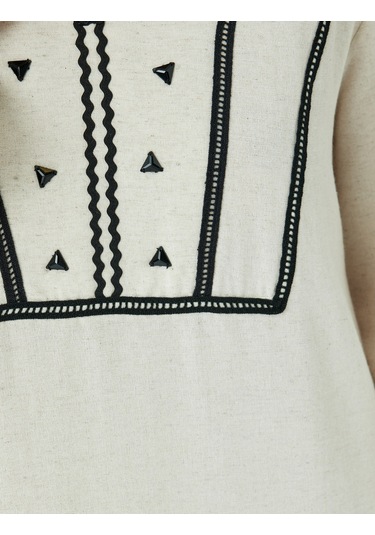 Koton Keten Karışımlı İşleme Detaylı V Yaka Oversize Uzun Elbise Bej 5sak80033uw Ekru