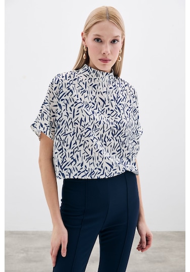 Sateen Yarasa Kol Desenli Bluz - Lacivert-135741 Lacivert