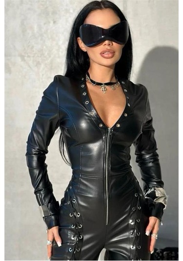 Kadın Likralı Deri Kumaş Tasarım Tulum Dpnbemp2611 Siyah