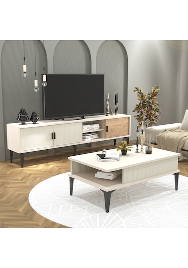 Marin Tv Ünitesi 180 Cm - Orta Sehpa Seti Çizgi Desenli, Set