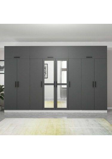 Minar Kale 8 Kapaklı 2 Aynalı 2 Ç Dolap Ve Yüklük Beyaz Antrasit 255cm Çok Renkli