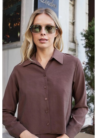 Kadın Likrasız Modal Kumaş Uzun Kol Hafif Kısa Gömlek-kahve Kahve