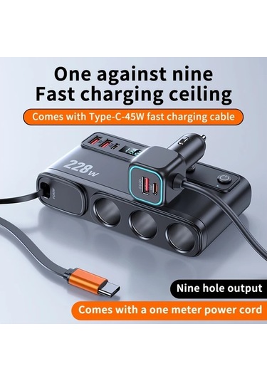 Fochsia Siyah 228w 9 İn 1 Hızlı Araba Şarj Cihazı Ekran Göstergeli Qc Pd 3.0 Bağımsız Anahtar Tüm Araçlar İçin