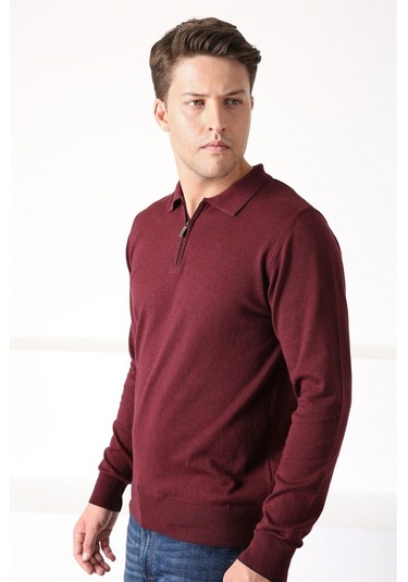 Ferraro Bordo Polo Yaka Fermuarlı Erkek Pamuk Kazak Bordo