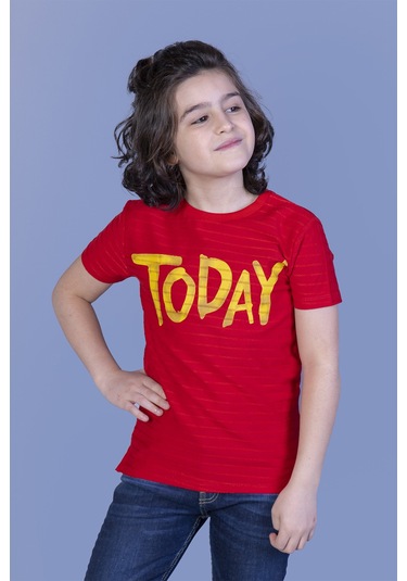 Toontoy Erkek Çocuk Örgü Kumaş Detaylı Today Baskılı Tişört Kırmızı