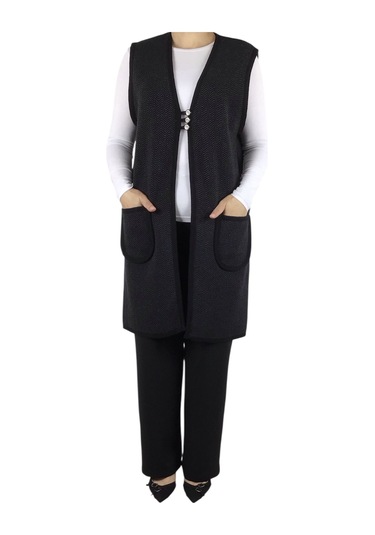 Kadın Desenli Üç Düğmeli Kalın Kışlık Yelek Siyah