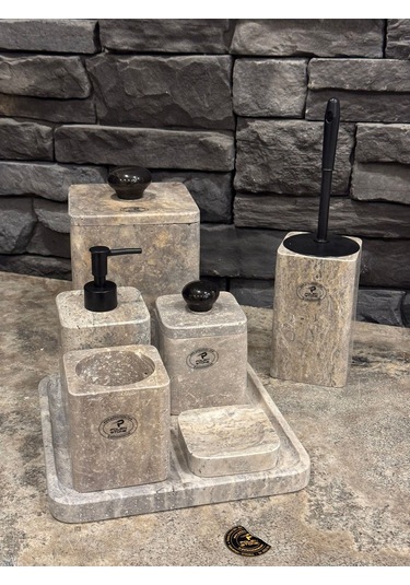 Silver Traverten Kare Model Yedi Parça Banyo Seti Beyaz