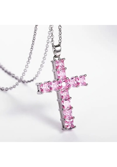 Müstesna Jwl Zirkon Taşlı Istavroz Haç Kolye Pembe Gümüş