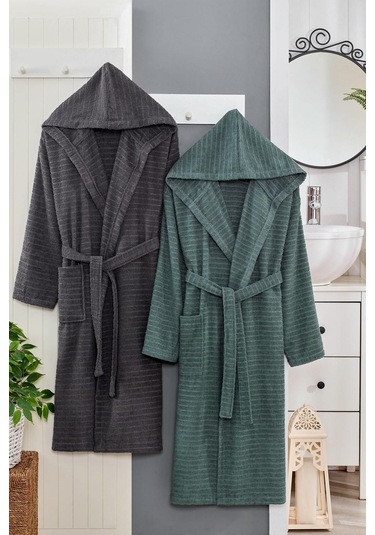 Doğa Serisi Aile Bornoz Seti 2li Set Antrasit Yeşil Antrasit - Yeşil