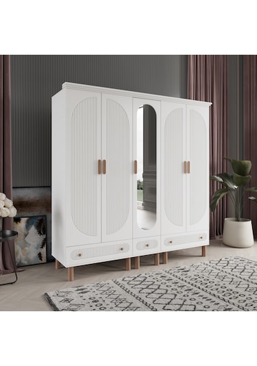 Beenal Furkan 5 Kapaklı Gardırop, Çekmeceli Dolap 200cm Beyaz-Beyaz