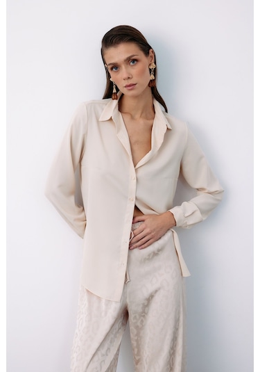 Sateen Düz Klasik Gömlek - Bej-122324 Bej