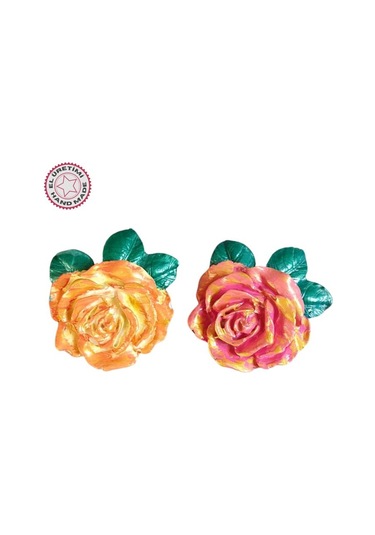 Uretti - Ayşe 7362 0385 El Yapımı Minik 2'li Pembe - Turuncu Renk Gül Magnet - 6 X 7 Cm