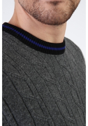 Ferraro Füme/Siyah Bisiklet Yaka %100 Kuzu Yünü Erkek Kazak Füme Siyah Füme - Siyah