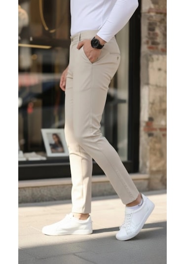 Defymoda Erkek Slim Fit Likralı Gabardin Pantolon Bej