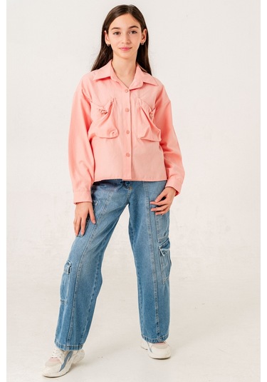 Kız Çocuk Körük Cepli Gömlek 3155 Somon