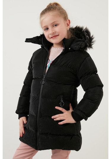 Lela Yakası Suni Kürklü Peluş Astarlı Çıkarılabilir Kapüşonlu Dar Kesim Kışlık Kız Çocuk Mont 5760002 Siyah